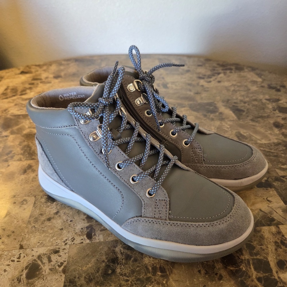Vionic Whitley Boots Shoes sz 7.5 Gray Leather Zip Lace Up MISSING‎ INSOLES